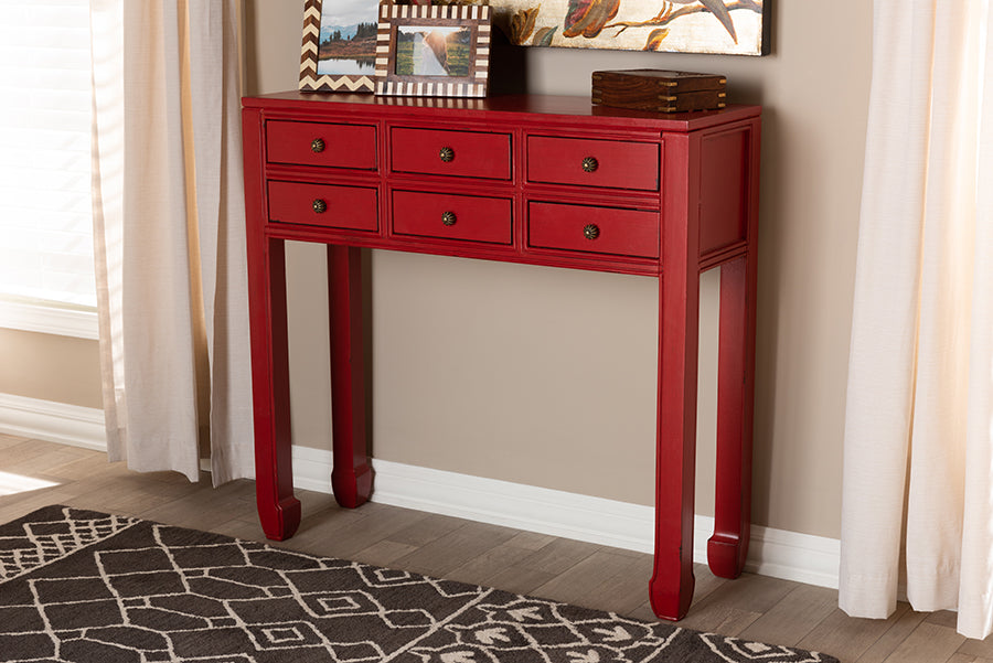 Pomme Classic and Antique Red Finished Wood Bronze Finished Accents 6-Drawer Console Table