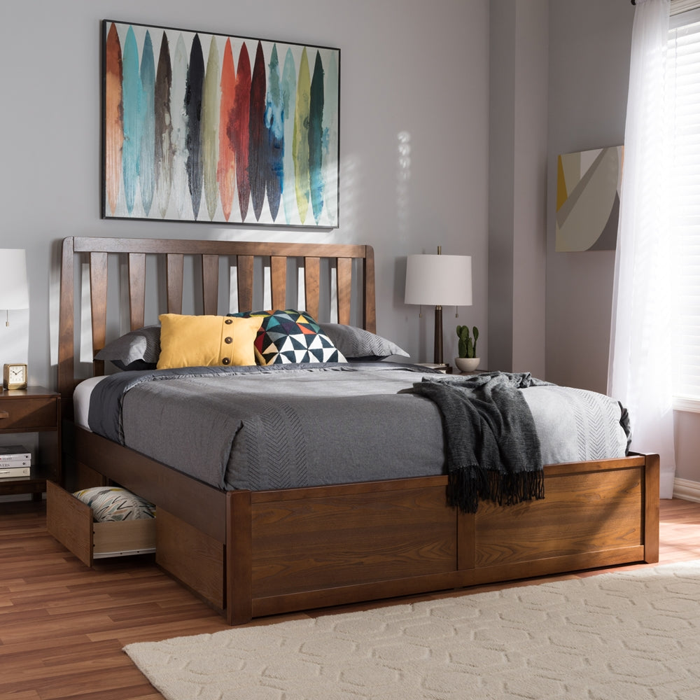 Raurey Walnut Finished Queen Size Storage Platform Bed