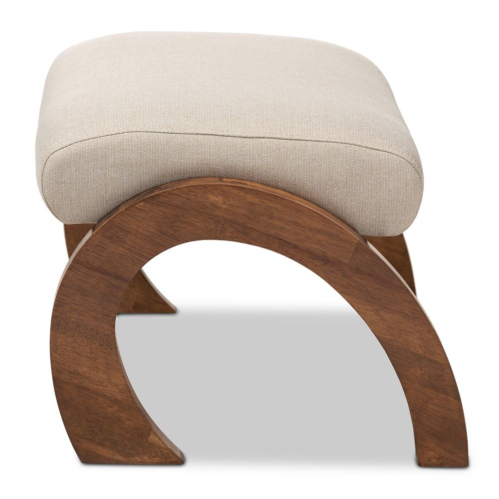Sandrine Modern and Contemporary Light Beige Fabric Upholstered Walnut Brown Finished Wood Ottoman