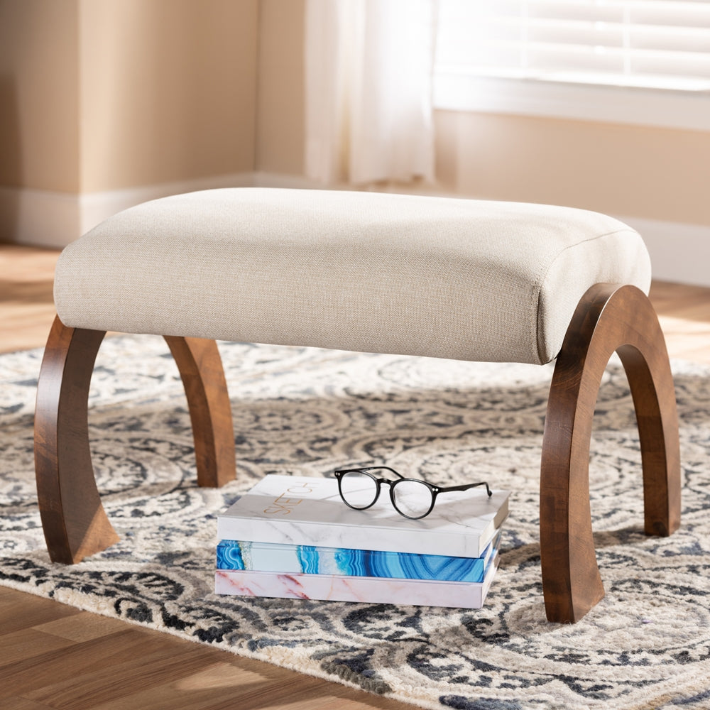 Sandrine Modern and Contemporary Light Beige Fabric Upholstered Walnut Brown Finished Wood Ottoman