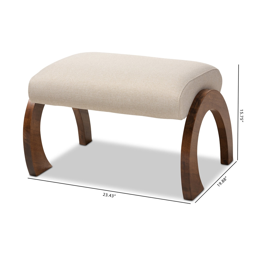 Sandrine Modern and Contemporary Light Beige Fabric Upholstered Walnut Brown Finished Wood Ottoman