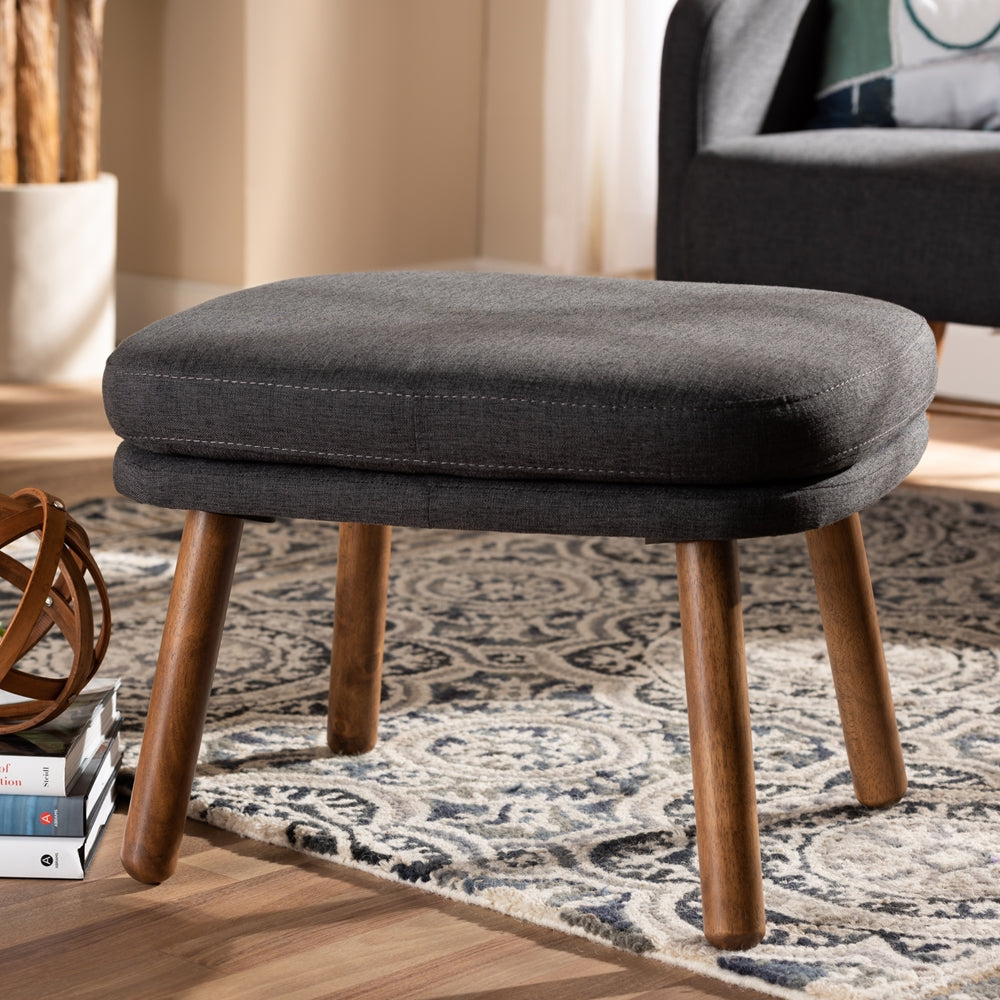 Lovise Mid-Century Modern Dark Grey Fabric Upholstered Walnut Brown Finished Wood Ottoman