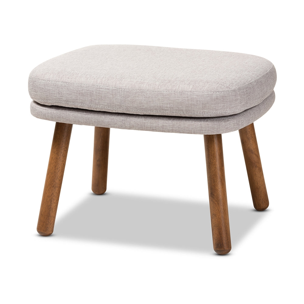 Lovise Mid-Century Modern Greyish Beige Fabric Upholstered Walnut Brown Finished Wood Ottoman