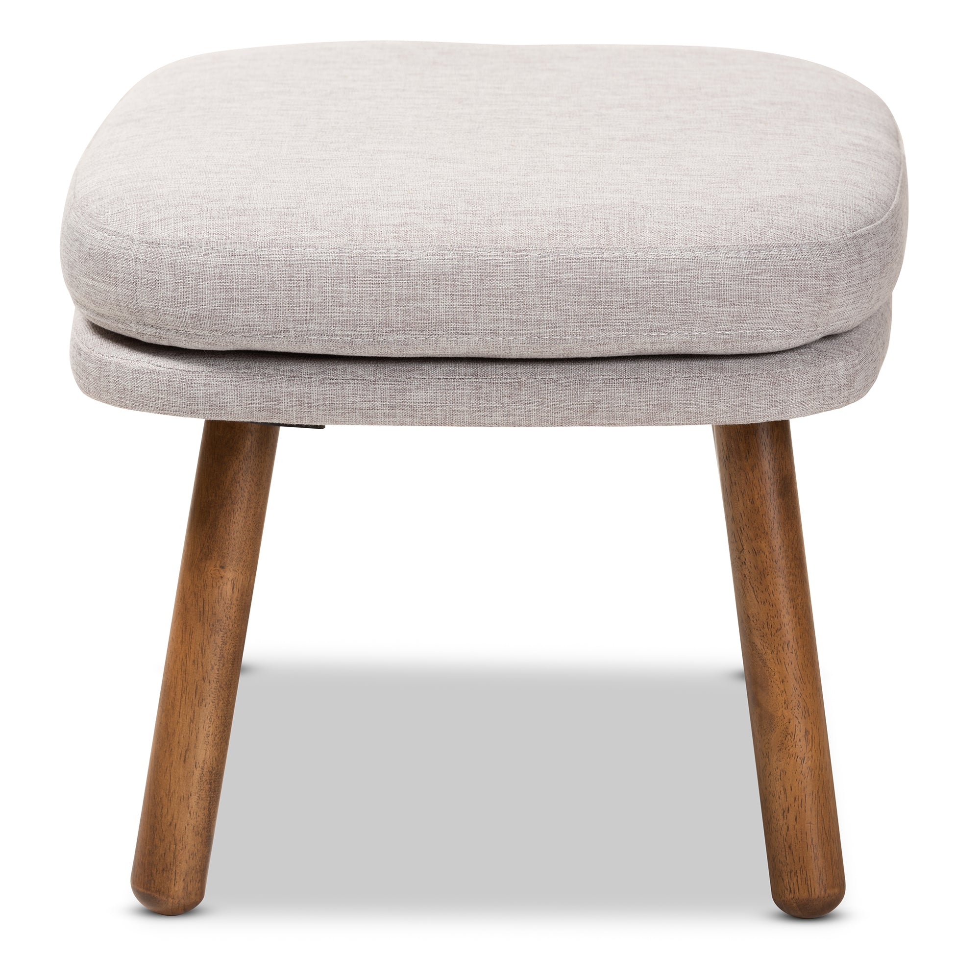Lovise Mid-Century Modern Greyish Beige Fabric Upholstered Walnut Brown Finished Wood Ottoman