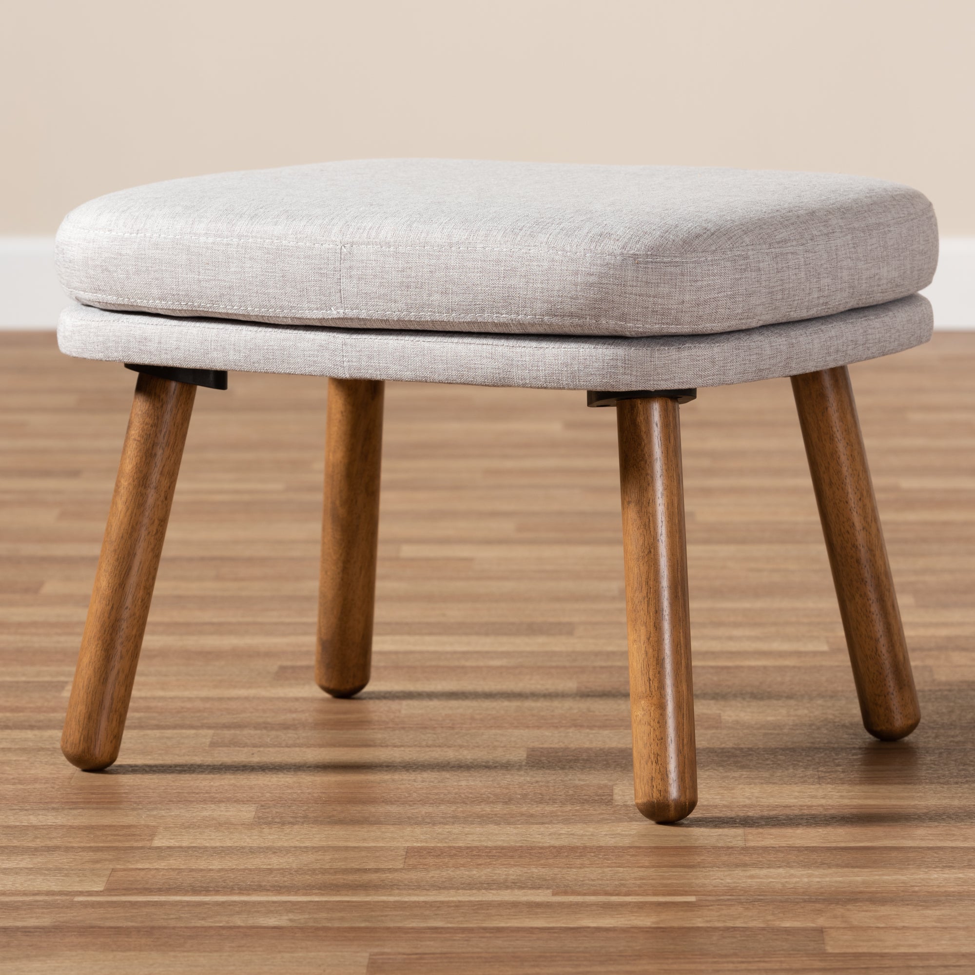 Lovise Mid-Century Modern Greyish Beige Fabric Upholstered Walnut Brown Finished Wood Ottoman