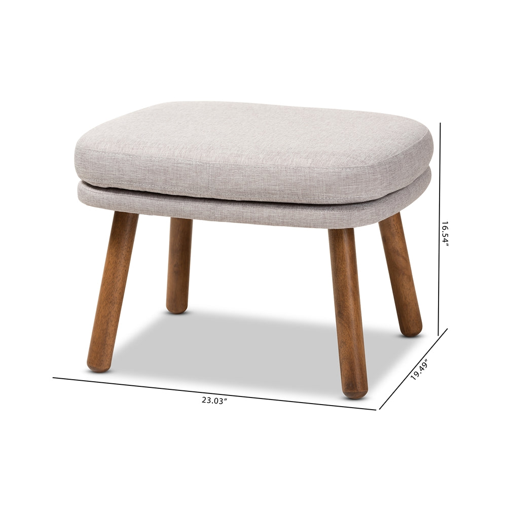 Lovise Mid-Century Modern Greyish Beige Fabric Upholstered Walnut Brown Finished Wood Ottoman