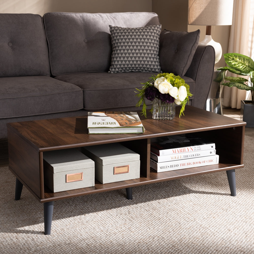 Pierre Mid-Century Modern Brown and Dark Grey Finished Wood Coffee Table