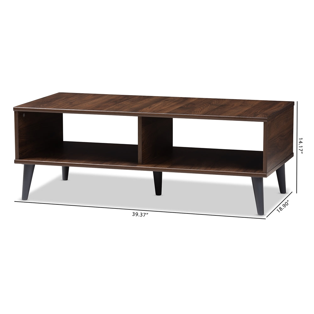 Pierre Mid-Century Modern Brown and Dark Grey Finished Wood Coffee Table