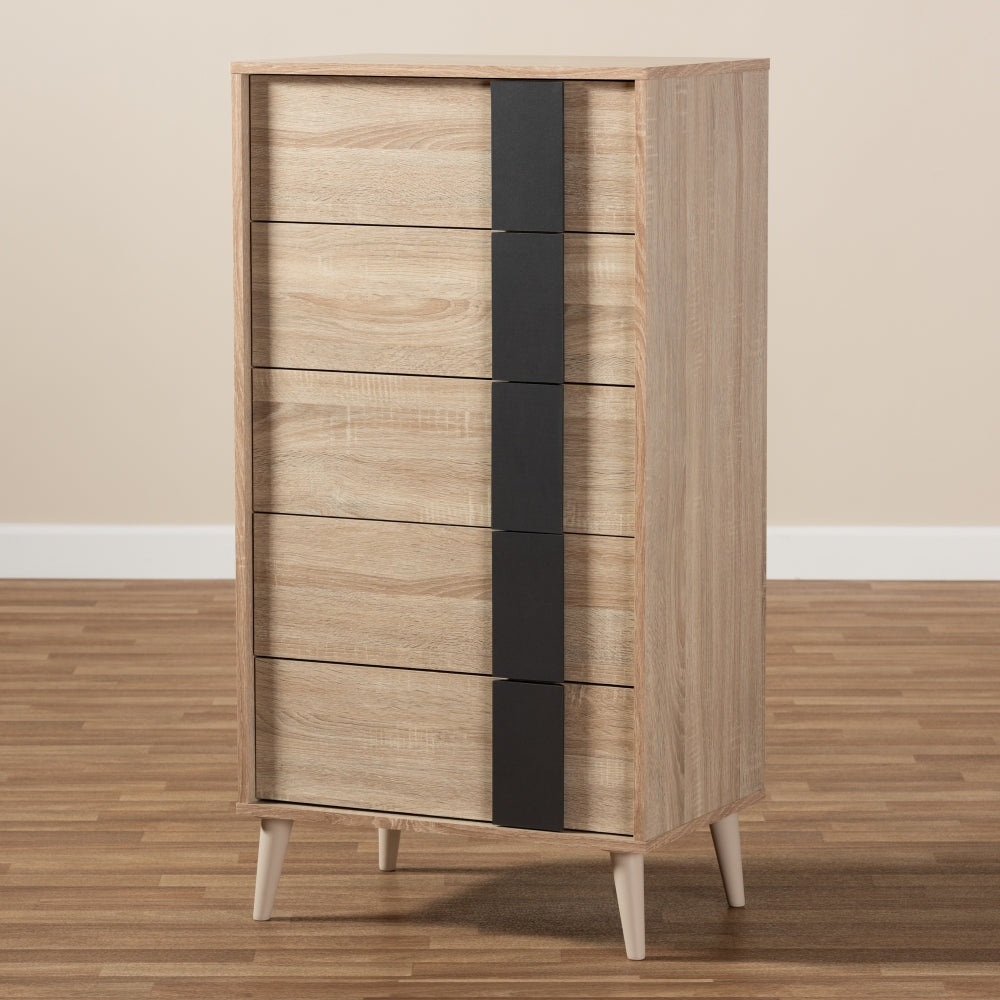 Lisen Mid-Century Modern Light Oak and Grey 5-Drawer Chest