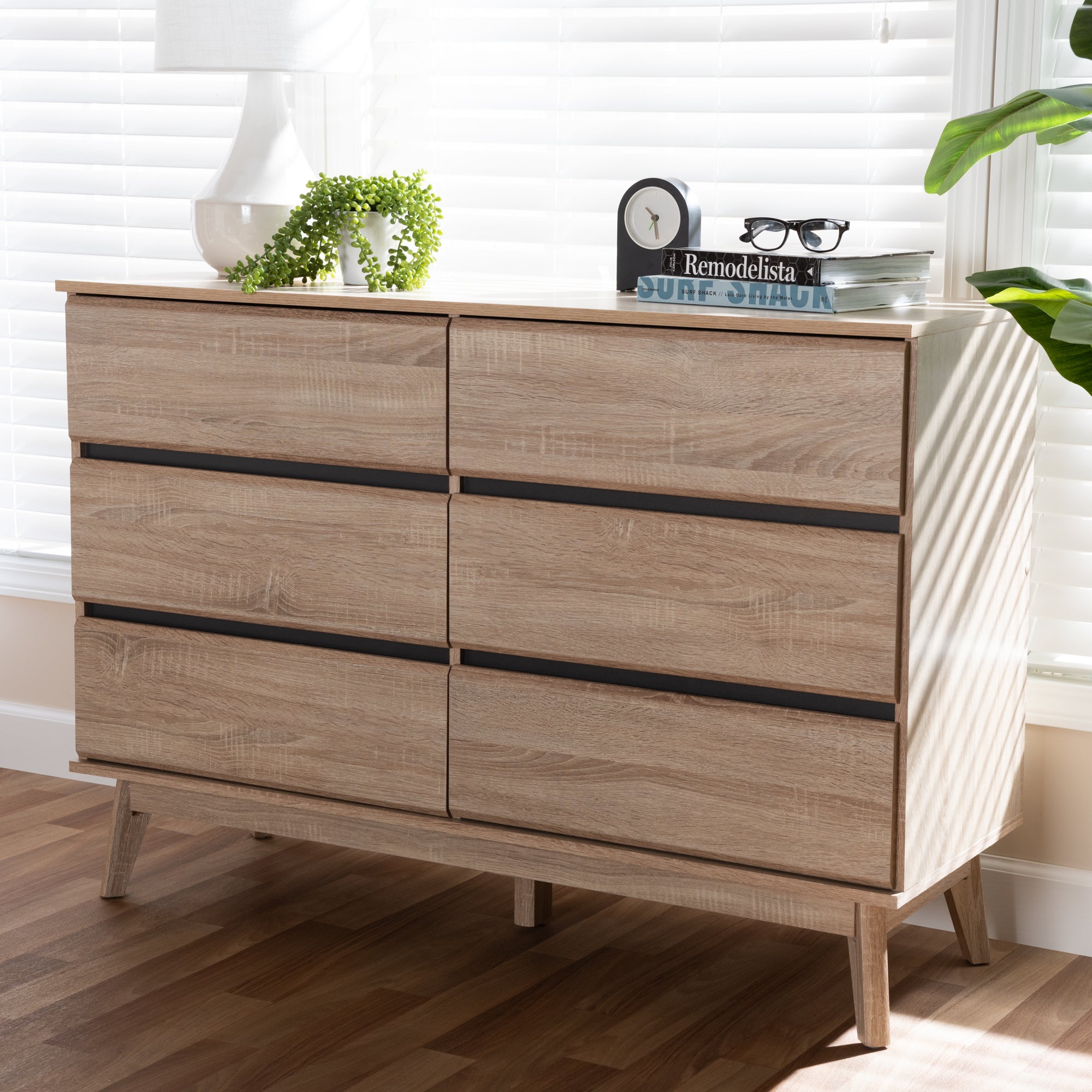 Miren Mid-Century Modern Light Oak and Dark Grey 6-Drawer Dresser