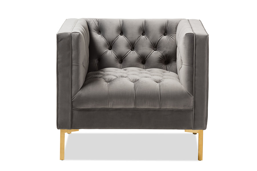 Zanetta Grey Velvet Upholstered Gold Finished Lounge Chair