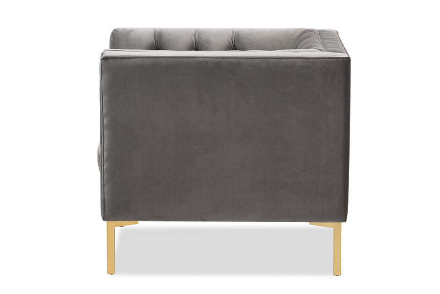 Zanetta Grey Velvet Upholstered Gold Finished Lounge Chair