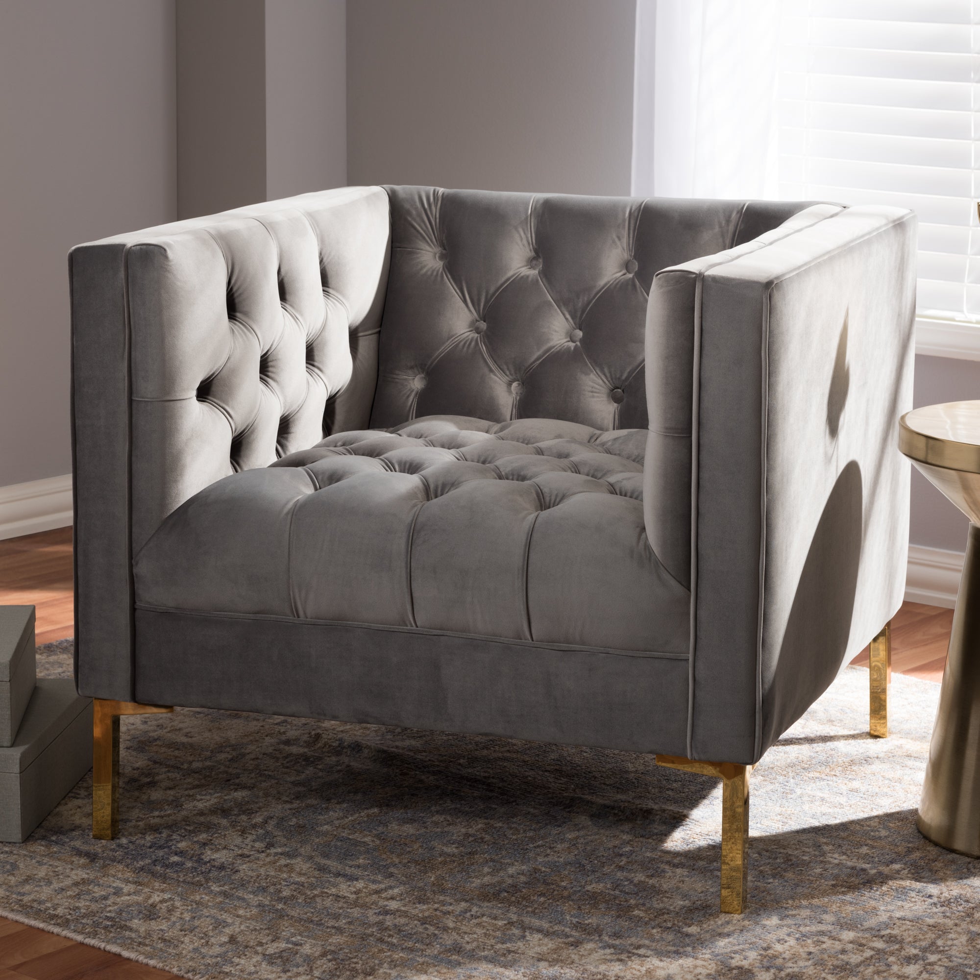 Zanetta Grey Velvet Upholstered Gold Finished Lounge Chair