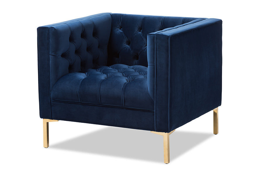 Zanetta  and our Navy Velvet Upholstered Gold Finished Lounge Chair