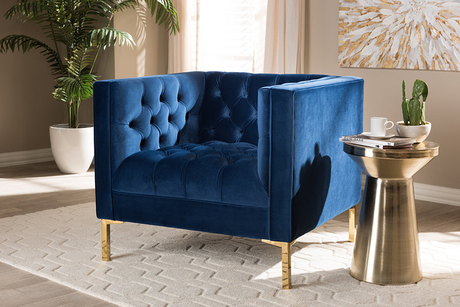 Zanetta  and our Navy Velvet Upholstered Gold Finished Lounge Chair