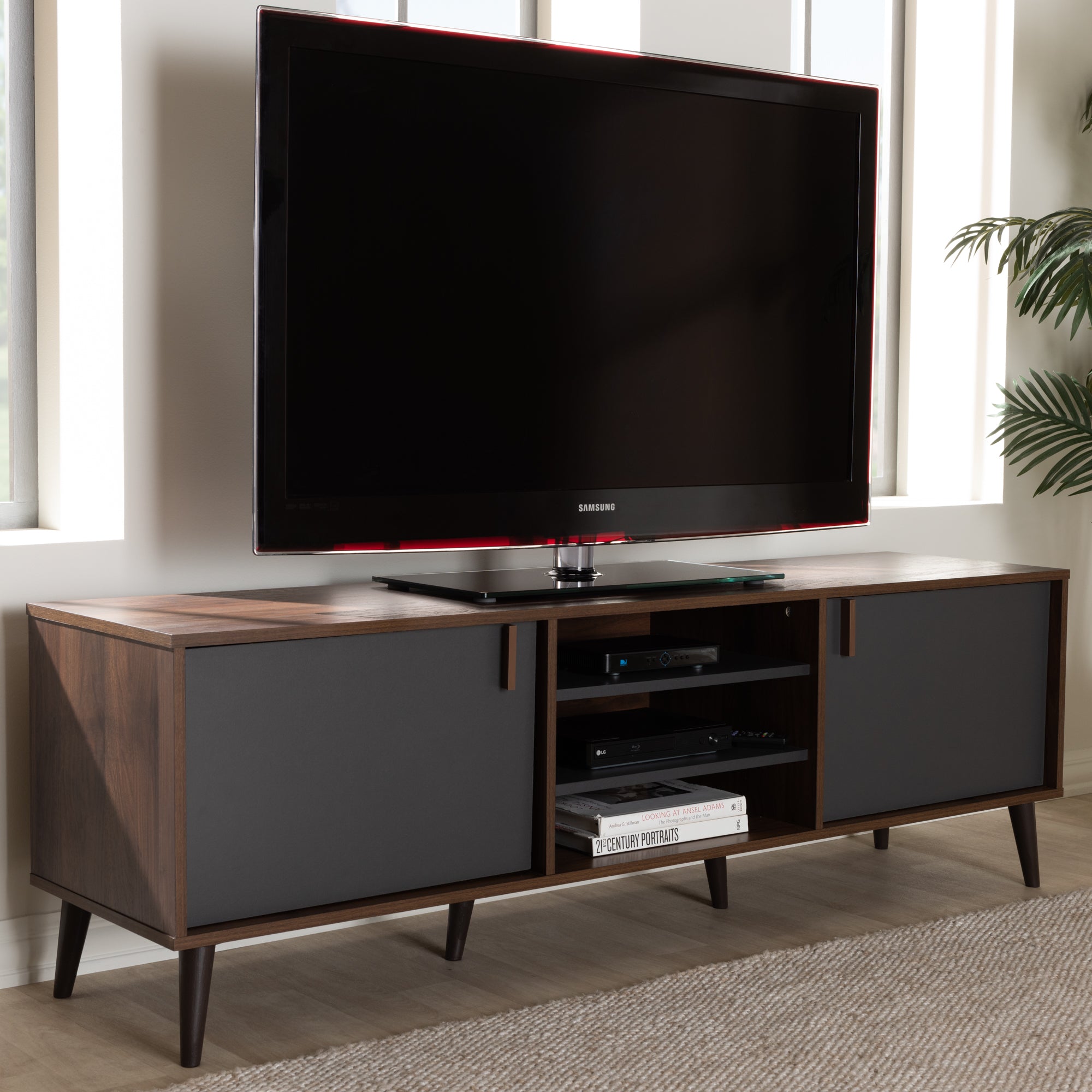 Samuel Mid-Century Modern Brown and Dark Grey Finished TV Stand