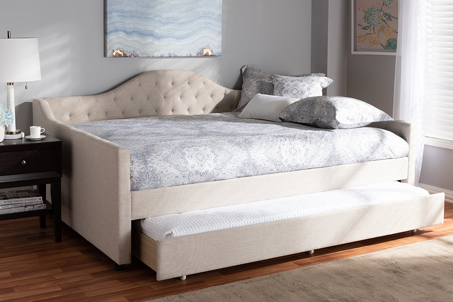 Eliza Modern Light Beige Fabric Upholstered Queen Size Daybed with Trundle