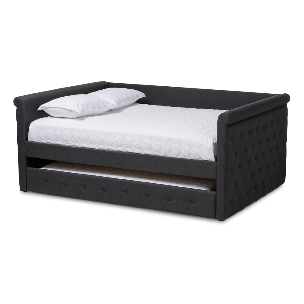 Alena Collection Full Size Dark Grey Daybed Upholstered Fabric Frame with Pull-Out Trundle