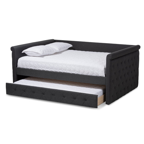 Alena Collection Full Size Dark Grey Daybed Upholstered Fabric Frame with Pull-Out Trundle