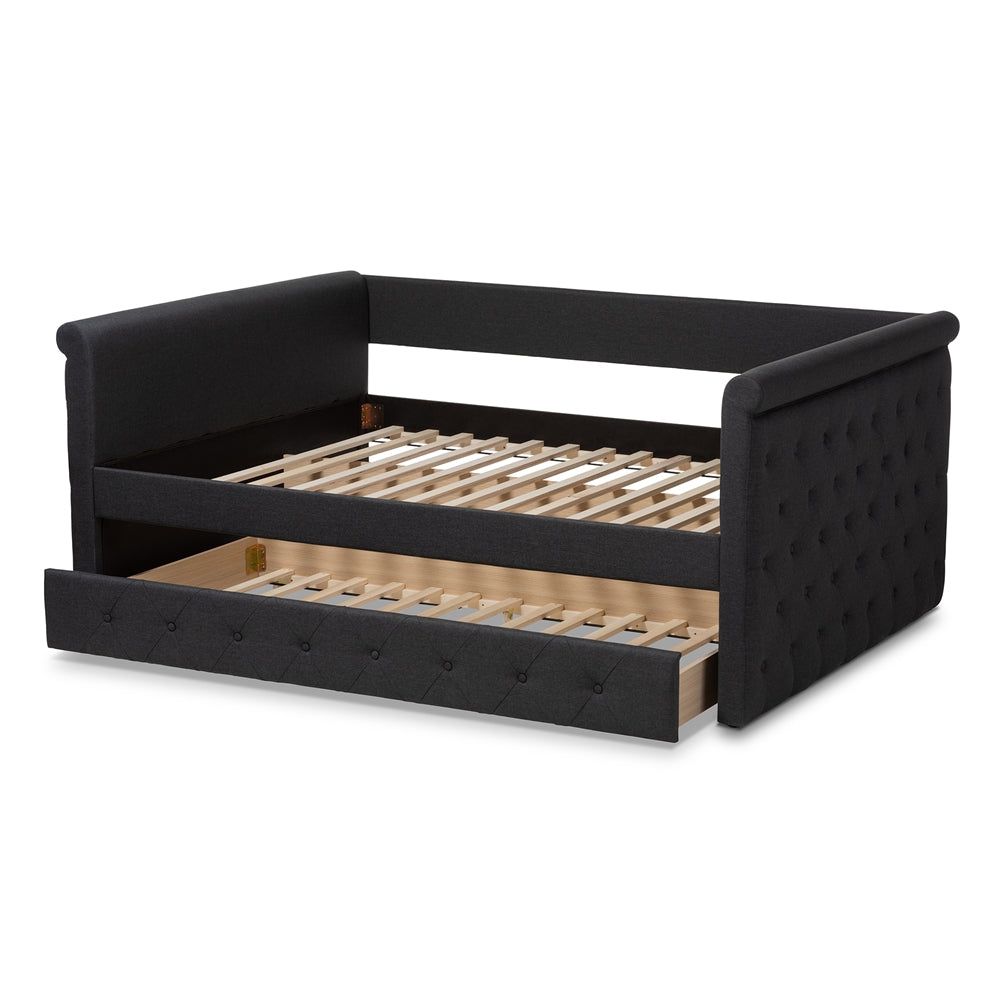 Alena Collection Full Size Dark Grey Daybed Upholstered Fabric Frame with Pull-Out Trundle