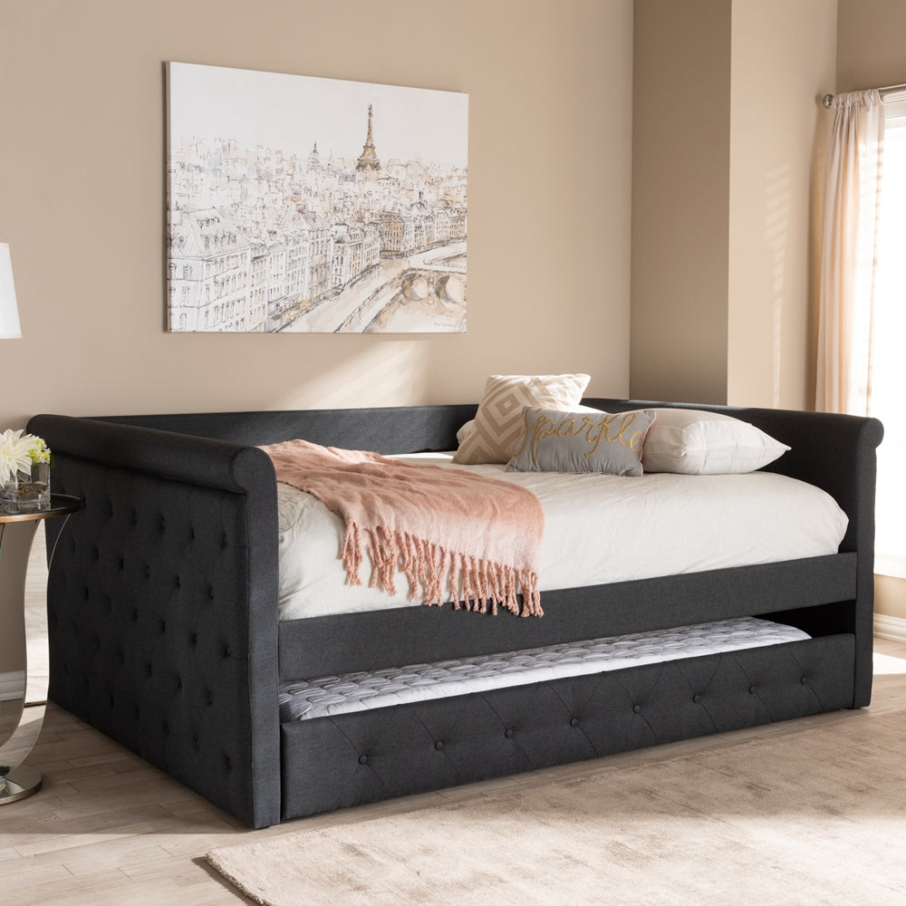 Alena Collection Full Size Dark Grey Daybed Upholstered Fabric Frame with Pull-Out Trundle
