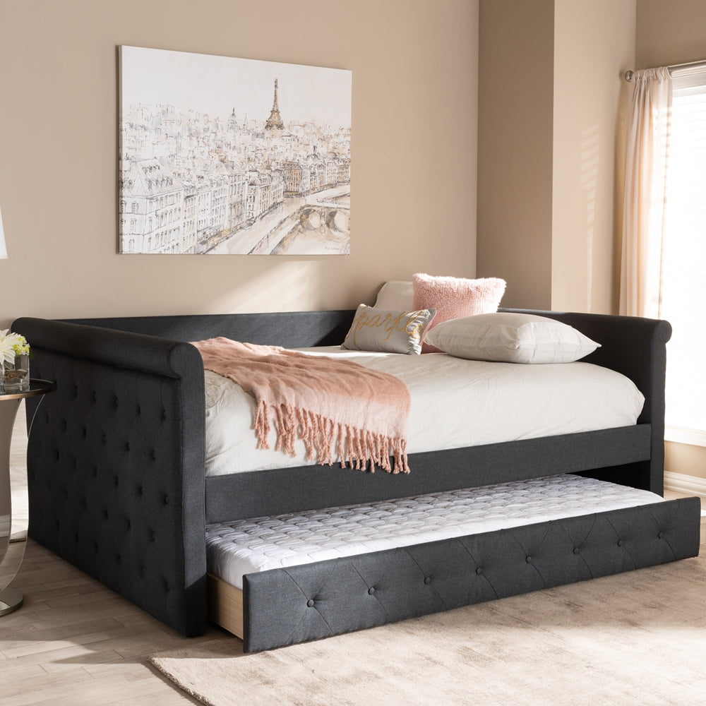 Helena Alena Collection Full Size Dark Grey Daybed  Upholstered Fabric Frame with Pull-Out Trundle