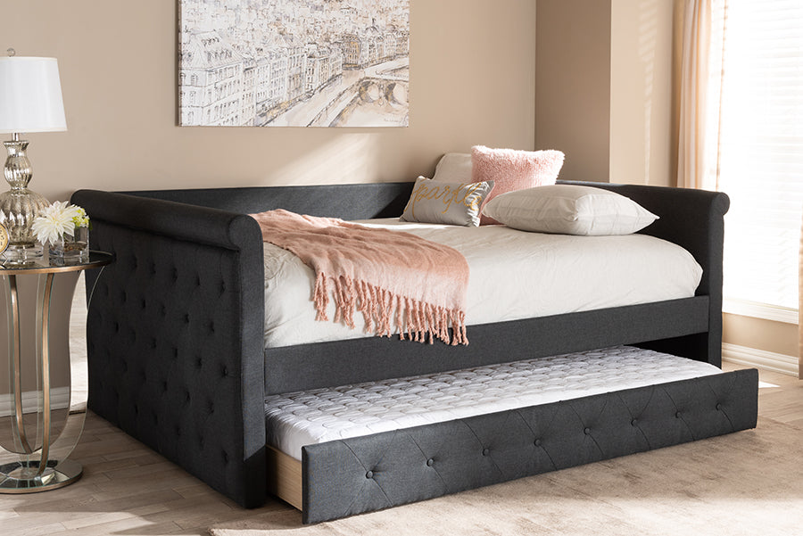 Helena Alena Collection Full Size Dark Grey Daybed  Upholstered Fabric Frame with Pull-Out Trundle