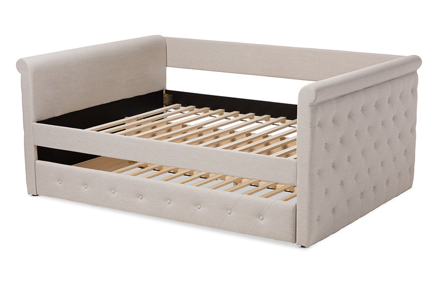 Javante Alena Queen Size Beige Upholstered Daybed  Fabric Frame with Roll-Out Trundle