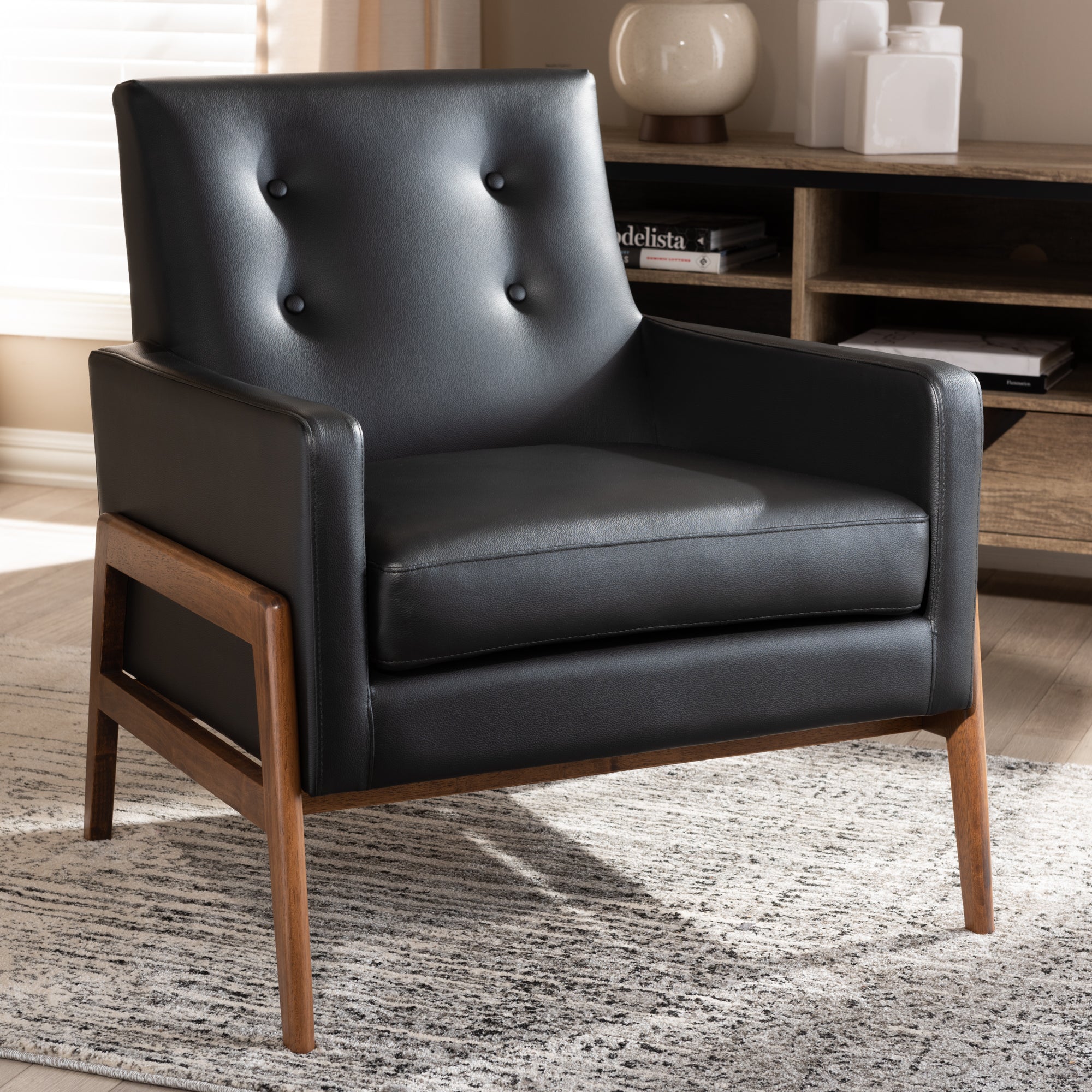 Perris Mid-Century Modern Black Faux Leather Upholstered Walnut Wood Lounge Chair