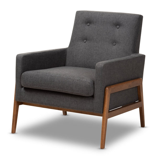 Perris Mid-Century Modern Dark Grey Fabric Upholstered Walnut Wood Lounge Chair