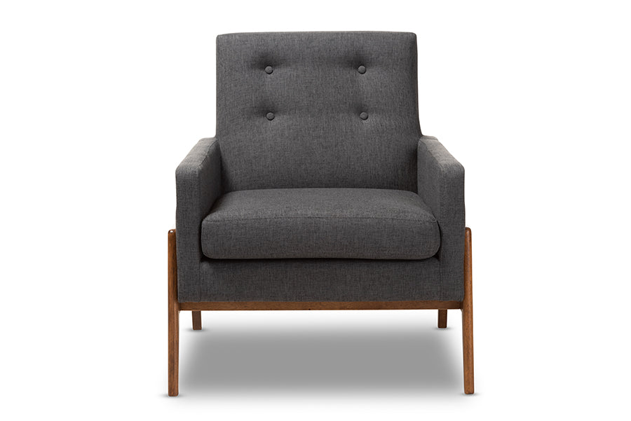 Perris Mid-Century Modern Dark Grey Fabric Upholstered Walnut Wood Lounge Chair
