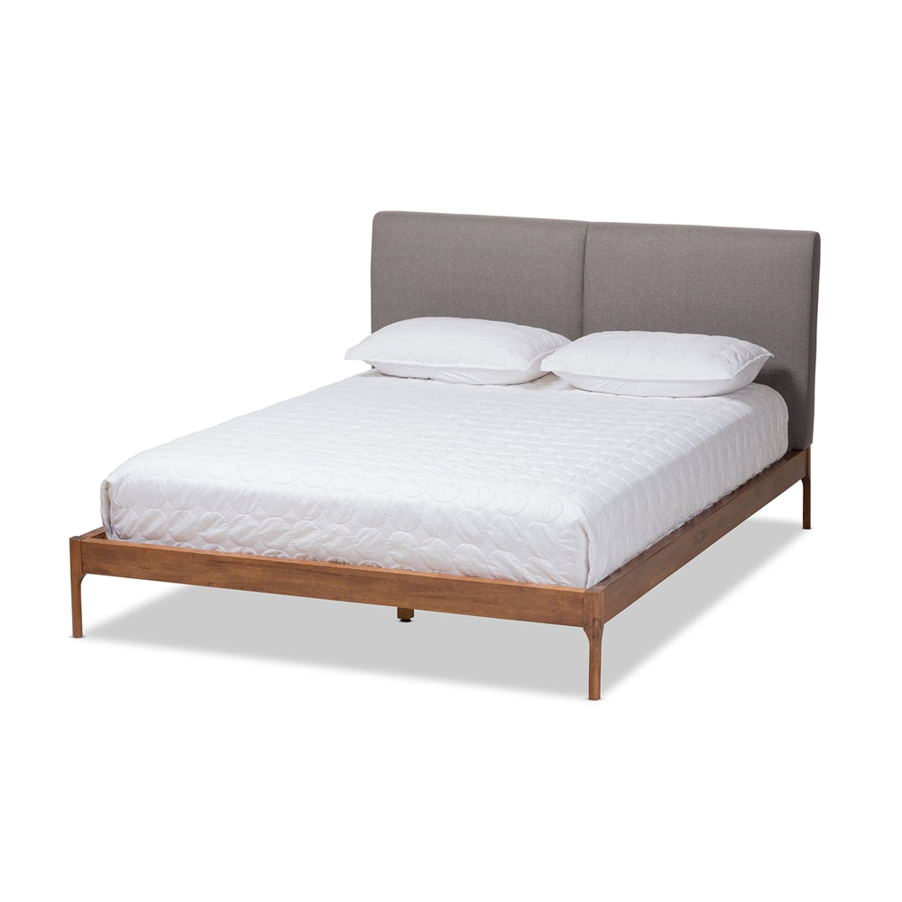 Aveneil Beige Fabric Upholstered Walnut Finished Queen Size Platform Bed