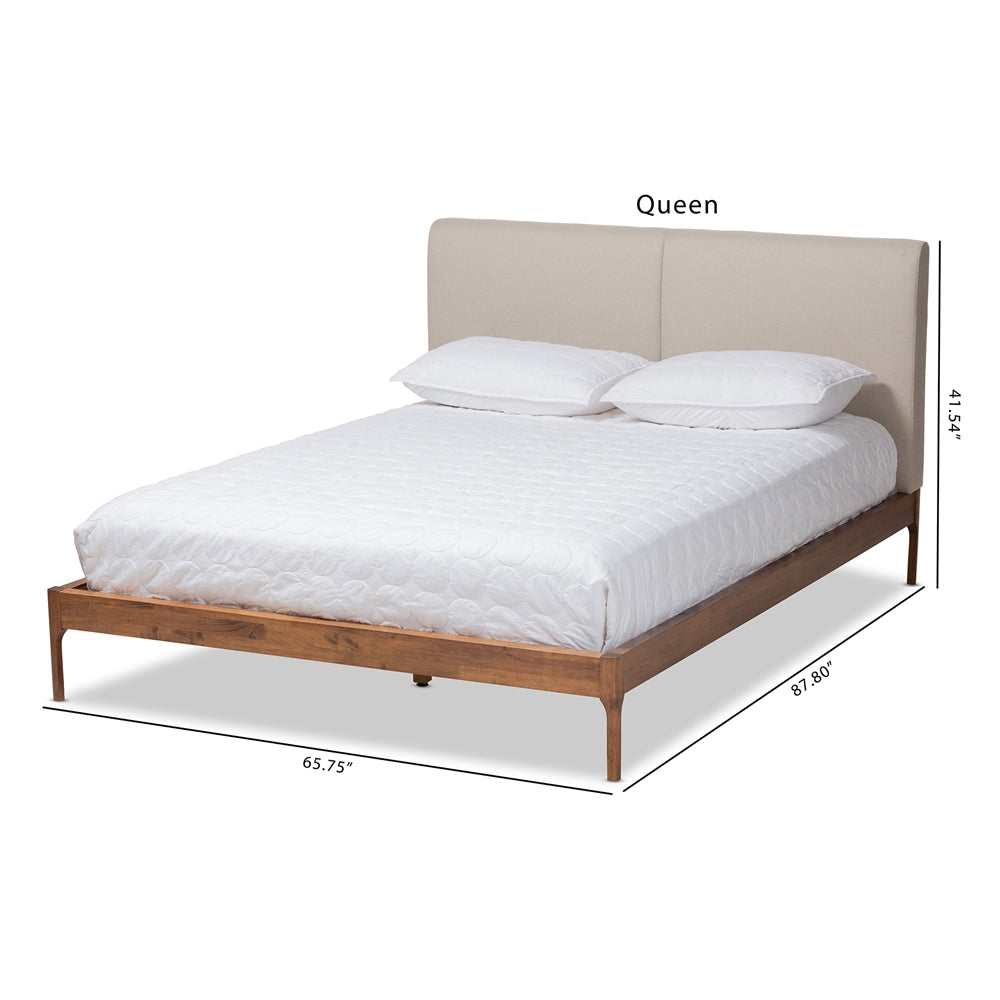 Aveneil Beige Fabric Upholstered Walnut Finished Queen Size Platform Bed