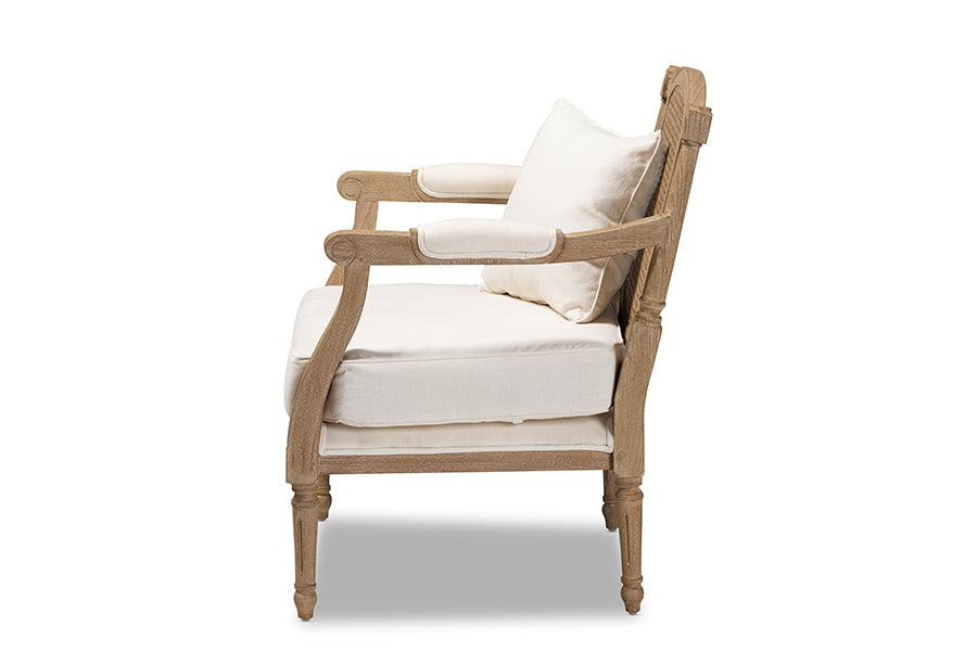 Clemence French Provincial Ivory Fabric Upholstered Whitewashed Wood Armchair