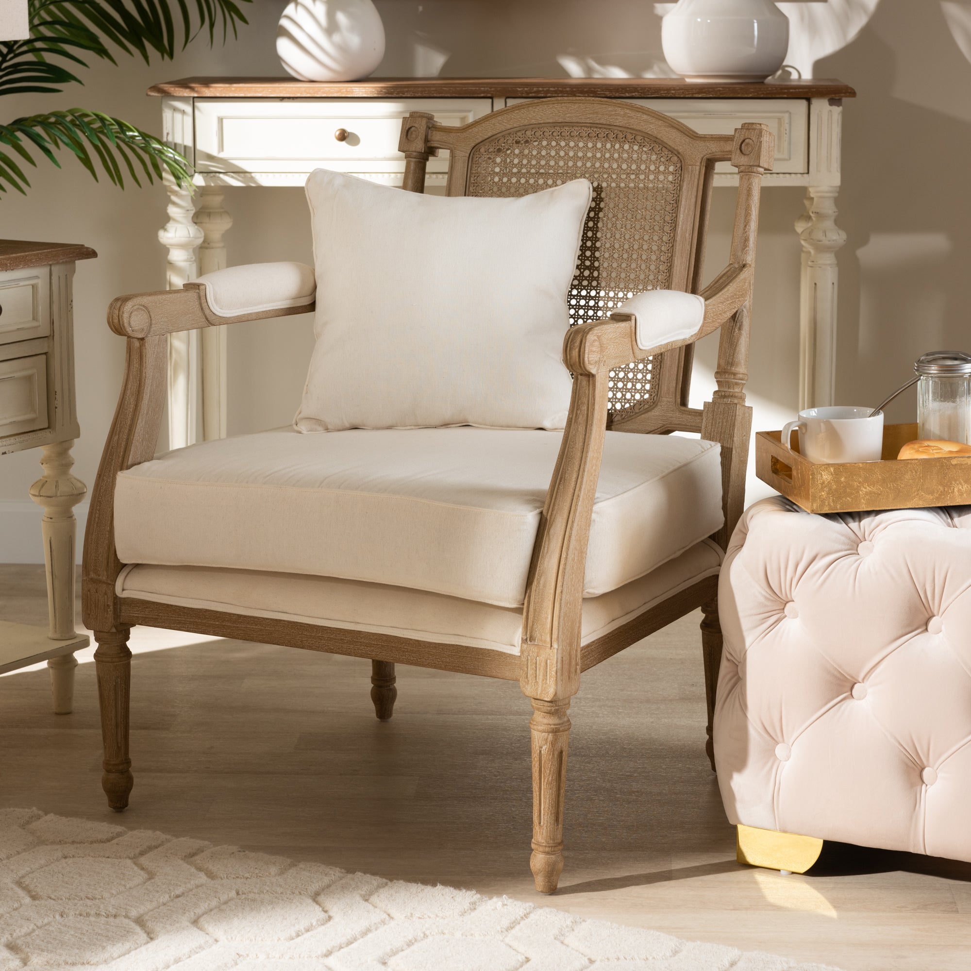 Clemence French Provincial Ivory Fabric Upholstered Whitewashed Wood Armchair