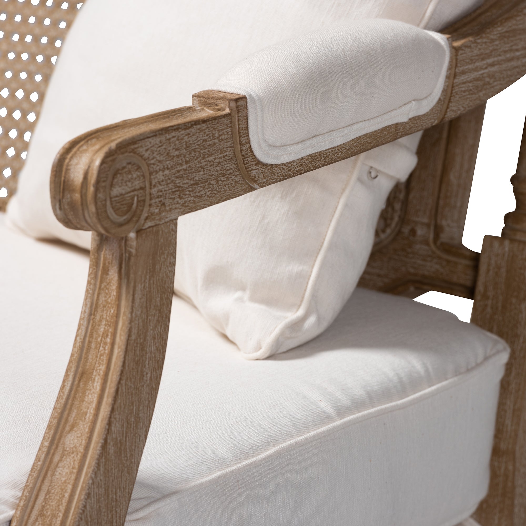 Clemence French Provincial Ivory Fabric Upholstered Whitewashed Wood Loveseat
