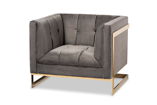 Ambra Grey Velvet Fabric Upholstered and Button Tufted Armchair with Gold-Tone Frame