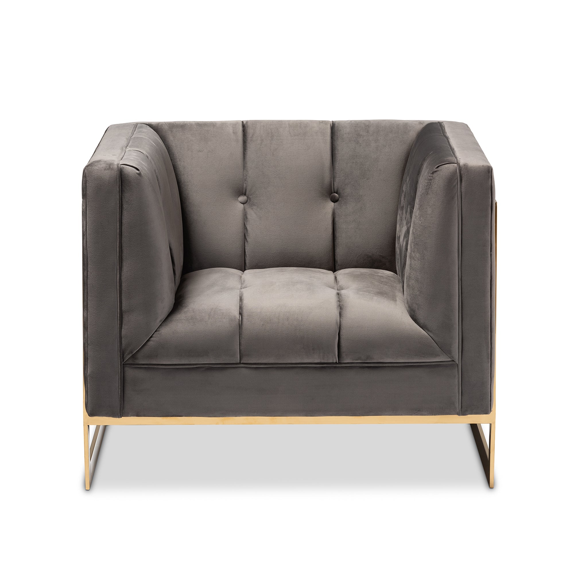 Ambra Grey Velvet Fabric Upholstered and Button Tufted Armchair with Gold-Tone Frame