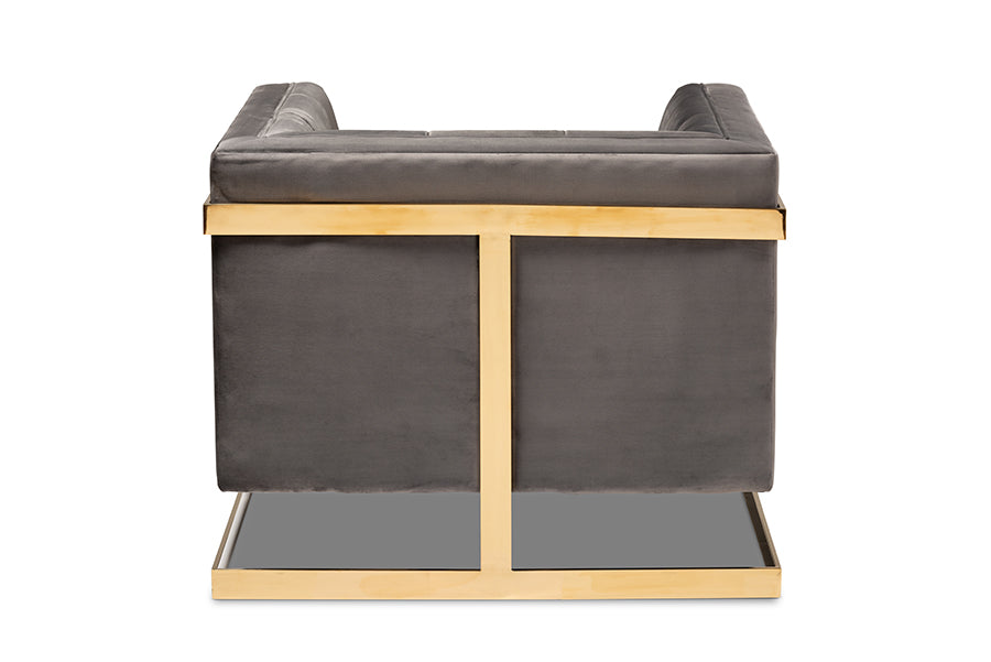 Ambra Grey Velvet Fabric Upholstered and Button Tufted Armchair with Gold-Tone Frame