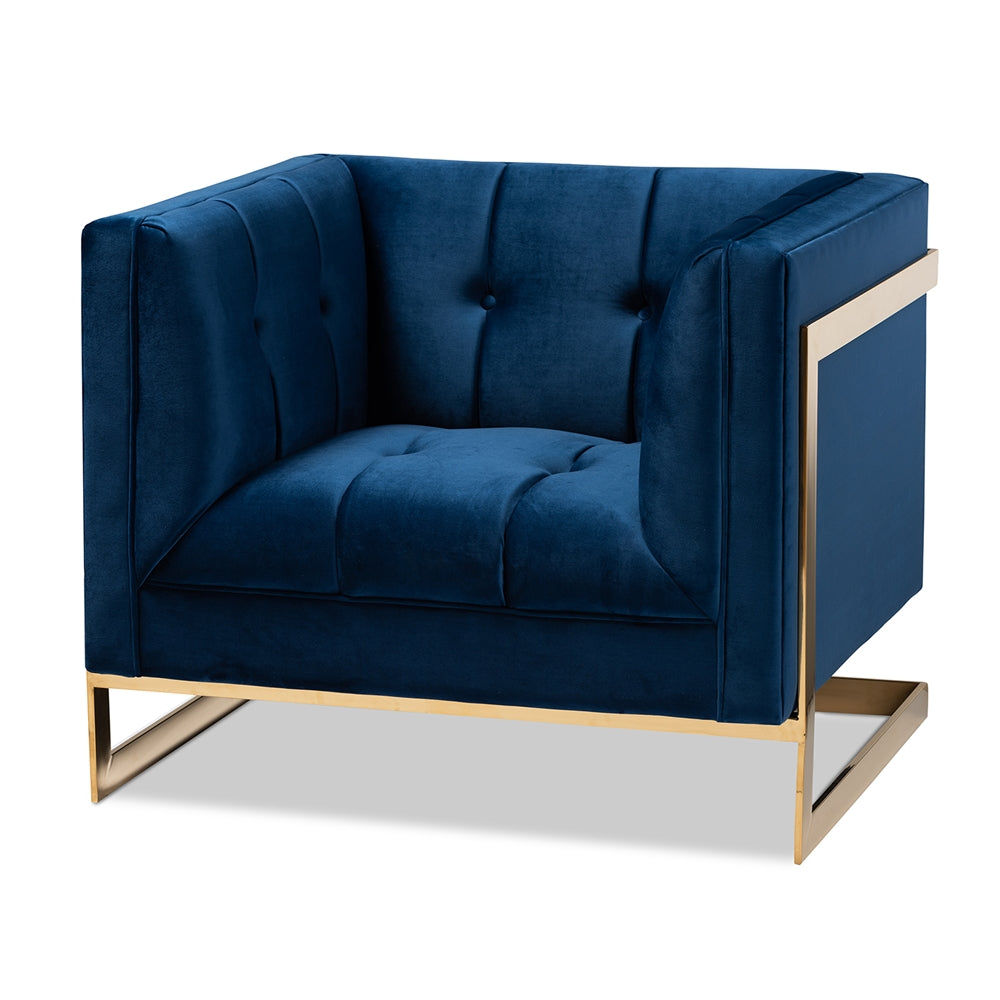 Ambra  and  Royal Blue Velvet Fabric Upholstered and Button Tufted Armchair with Gold-Tone Frame