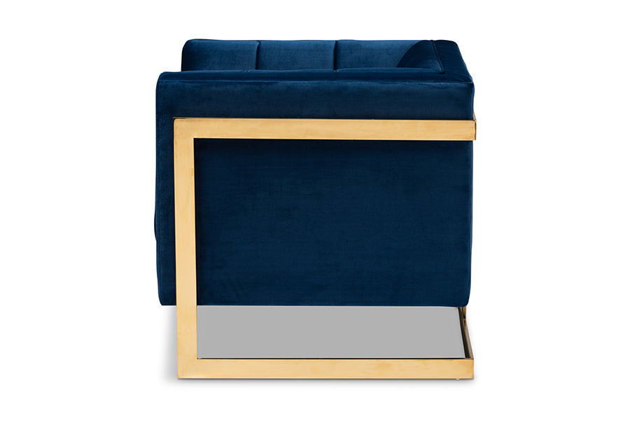 Ambra Royal Blue Velvet Fabric Upholstered and Button Tufted Armchair with Gold-Tone Frame