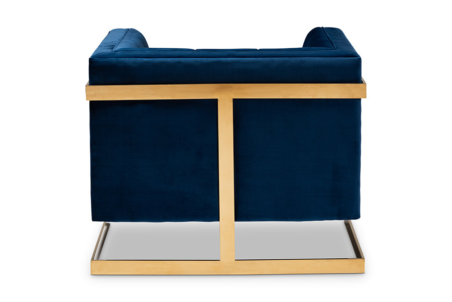 Ambra Royal Blue Velvet Fabric Upholstered and Button Tufted Armchair with Gold-Tone Frame