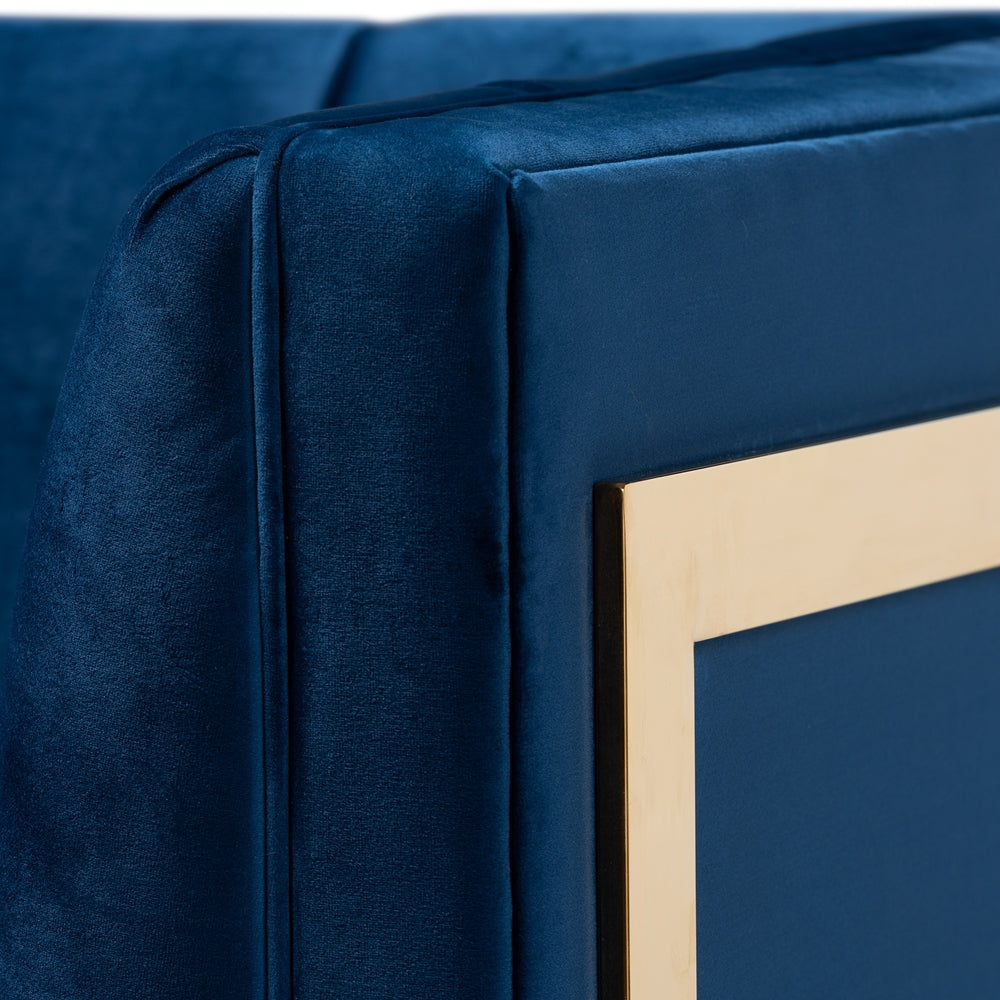 Ambra  and  Royal Blue Velvet Fabric Upholstered and Button Tufted Armchair with Gold-Tone Frame