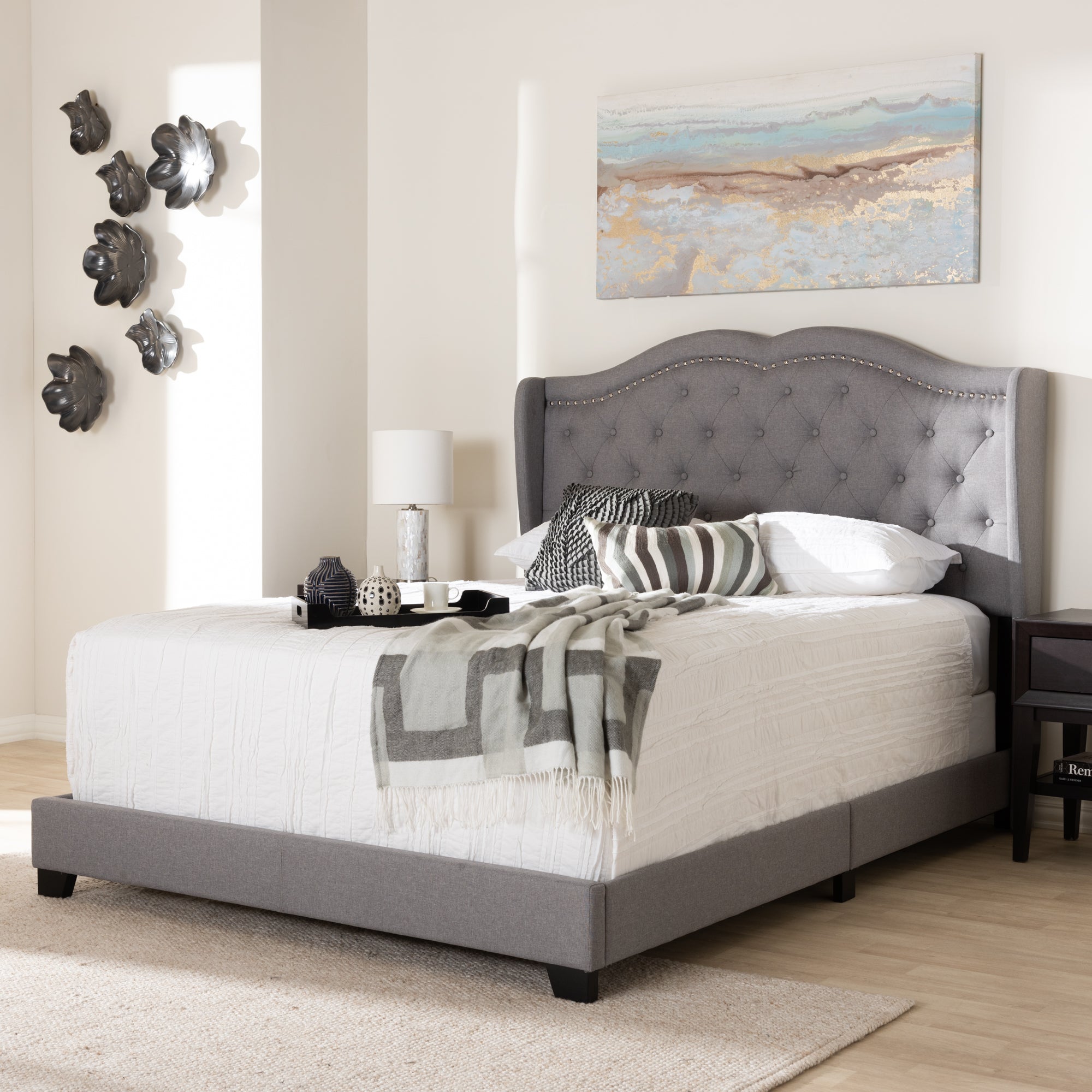 Magnolia Aden Collection King Size Grey Fabric Bed – Contemporary Style with Tufted Headboard