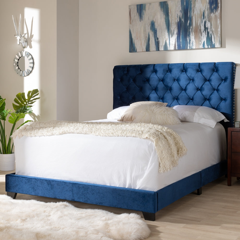 Candace Luxe And Glamour Navy Velvet Upholstered Queen Size Bed