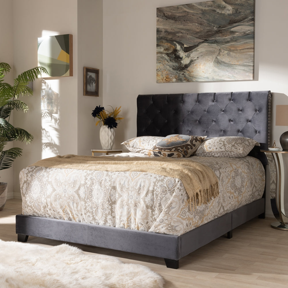 Candace Luxe and Glamour Dark Grey Velvet Upholstered Full Size Bed