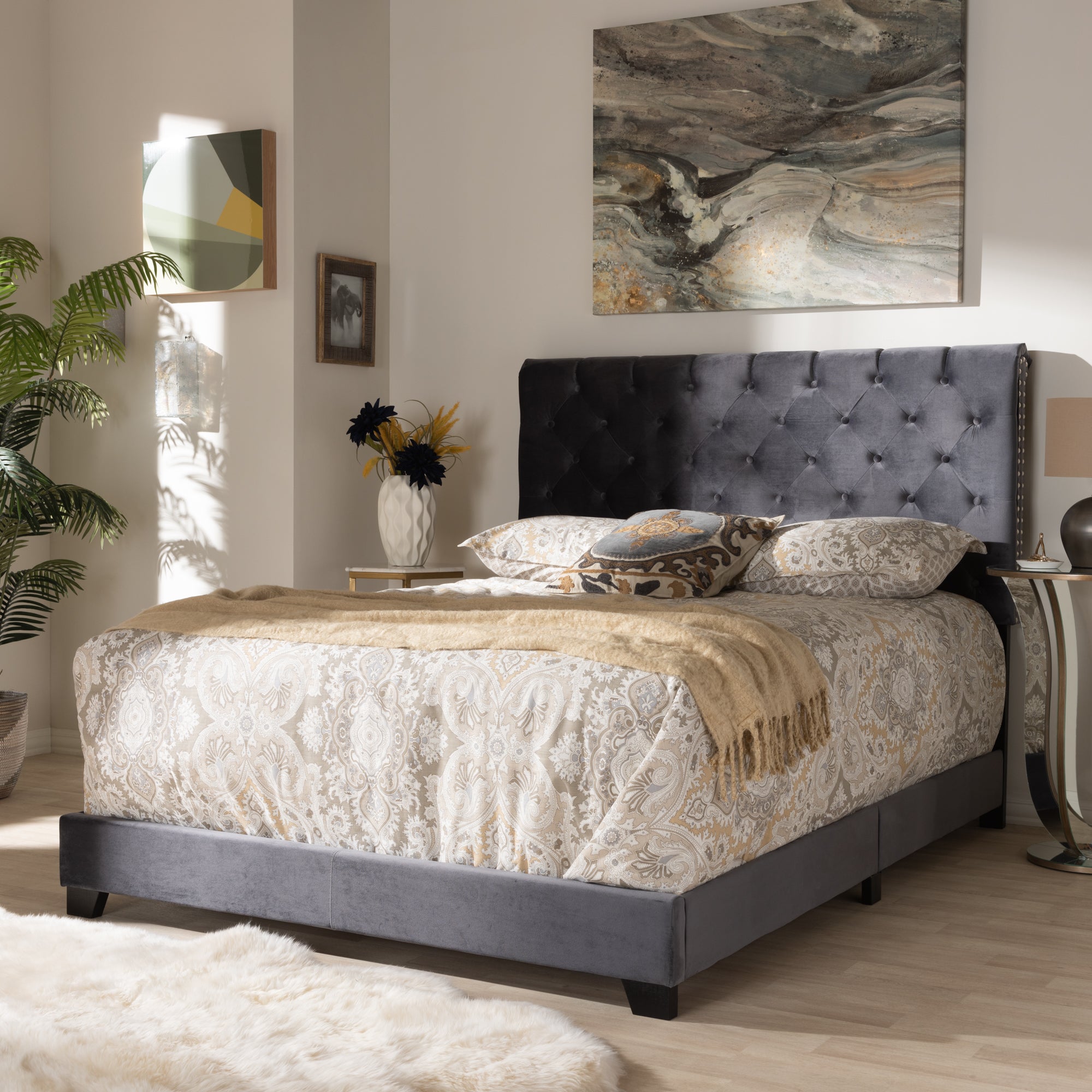 Candace Dark Grey Velvet Upholstered King Size Bed