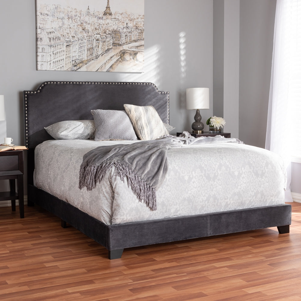 Darcy Luxe and Glamour Dark Grey Velvet Upholstered Full Size Bed