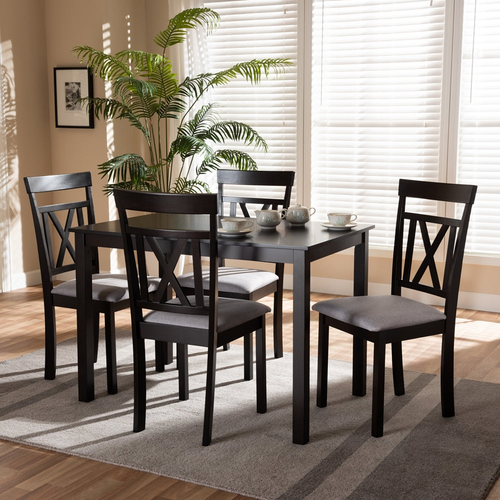 Rosie Modern and Contemporary Espresso Brown Finished and Grey Fabric Upholstered 5-Piece Dining Set
