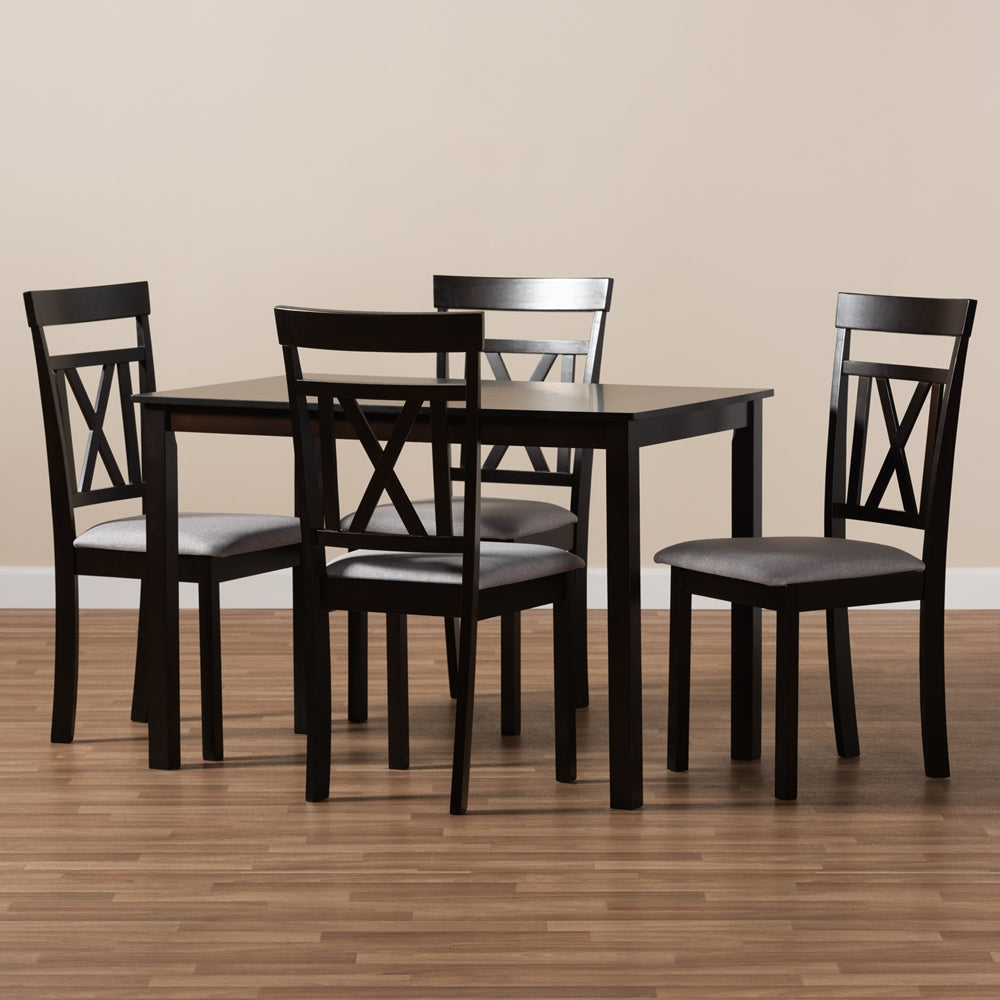 Rosie Modern and Contemporary Espresso Brown Finished and Grey Fabric Upholstered 5-Piece Dining Set